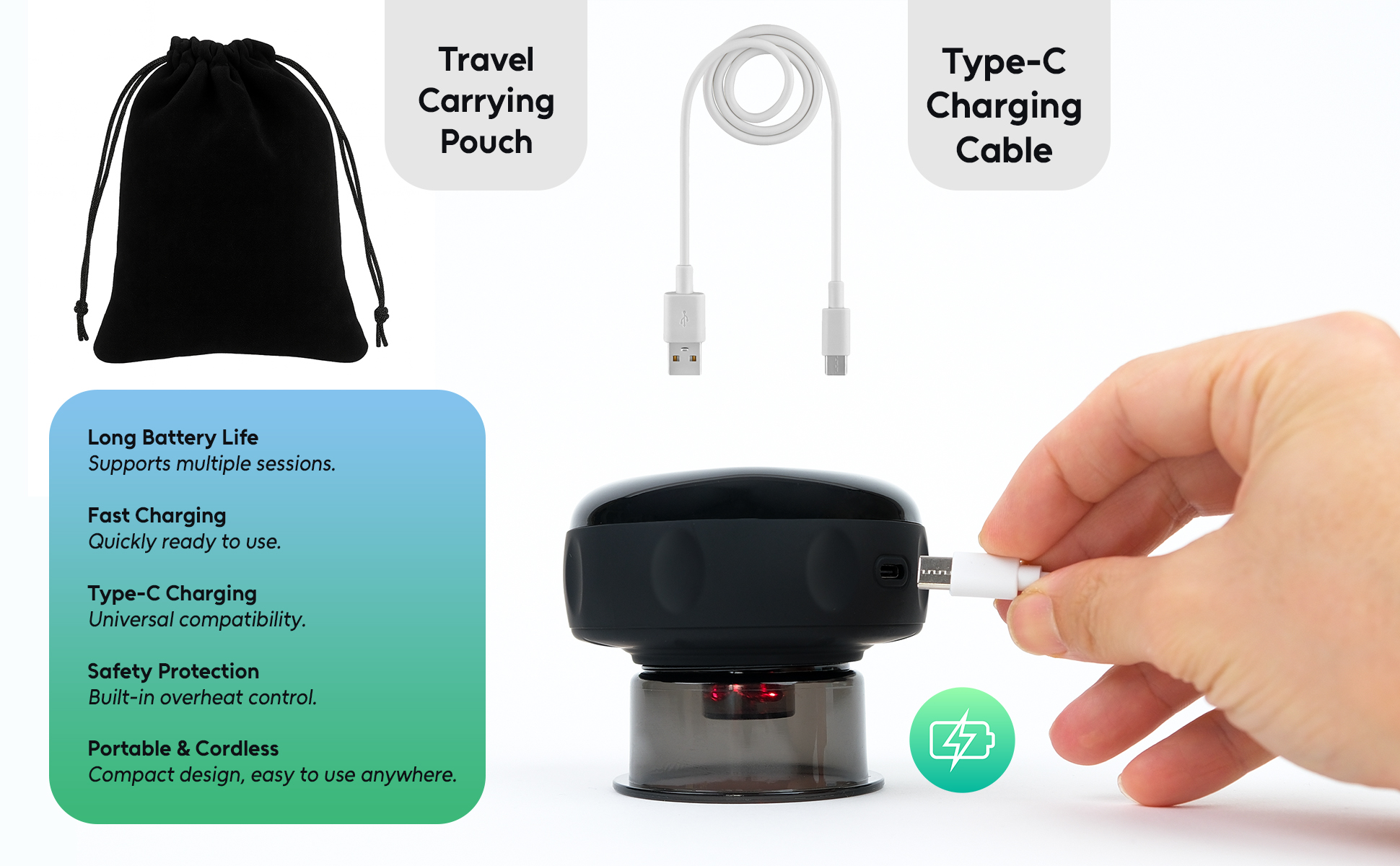 RHYTIA complete travel kit with carrying pouch, USB-C cable, and device